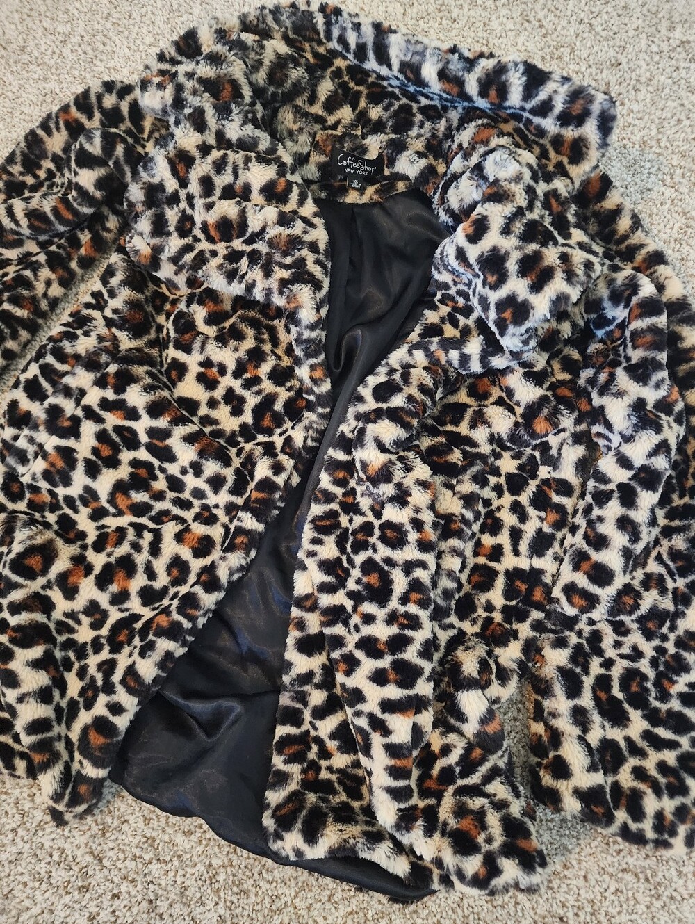 🐆Coffee Shop New York Leopard Faux Fur Coat Women's XS Plush Animal Print Lined